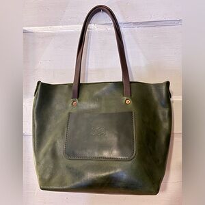 Orox Leather Co. Green Leather Tote Bag with Front Pocket
